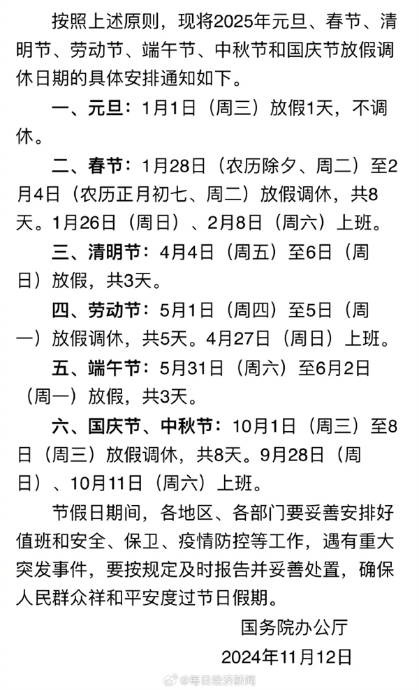 春节、五一法定节假日各加1天！2025年节假日上热搜：网友感慨除夕不用上班了